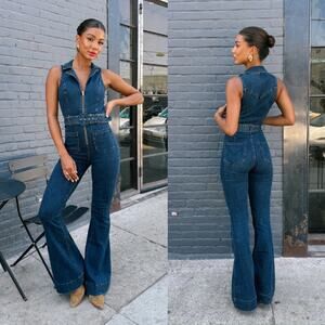 NWT Show Me Your Mumu Jacksonville Denim Jumpsuit Belted Thunder Blue Size Large